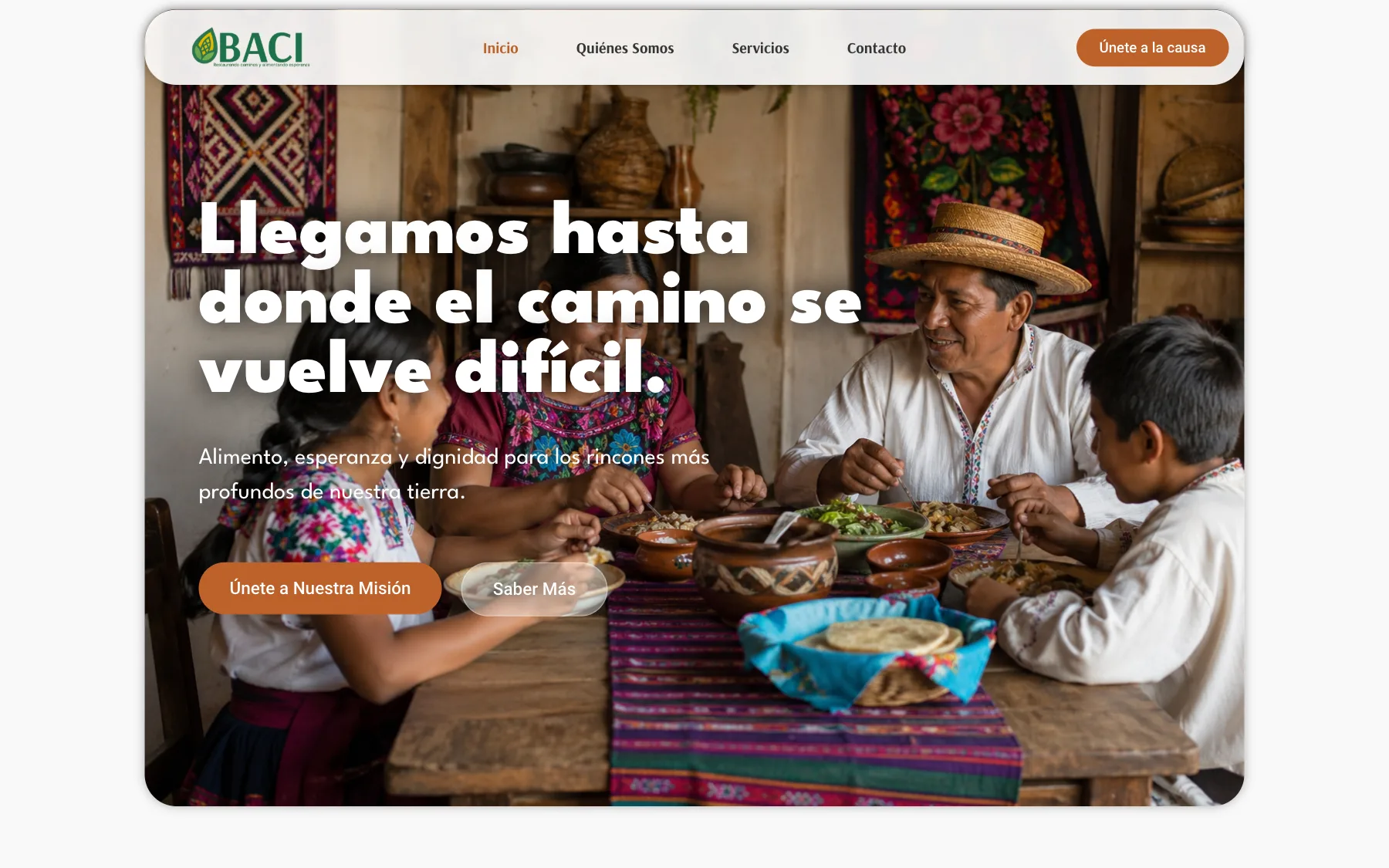 Inicio de BACI: otra organización, otro tono, con paleta de tierra e imágenes cálidas.