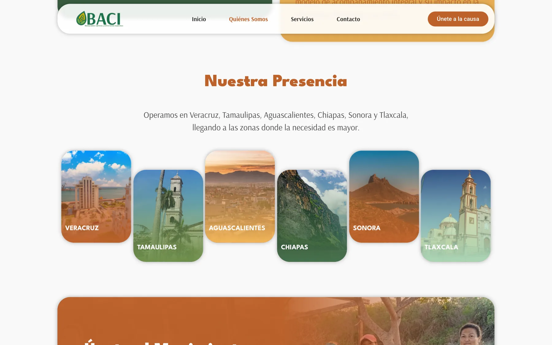 La presencia de BACI en seis estados, cada uno con su imagen.