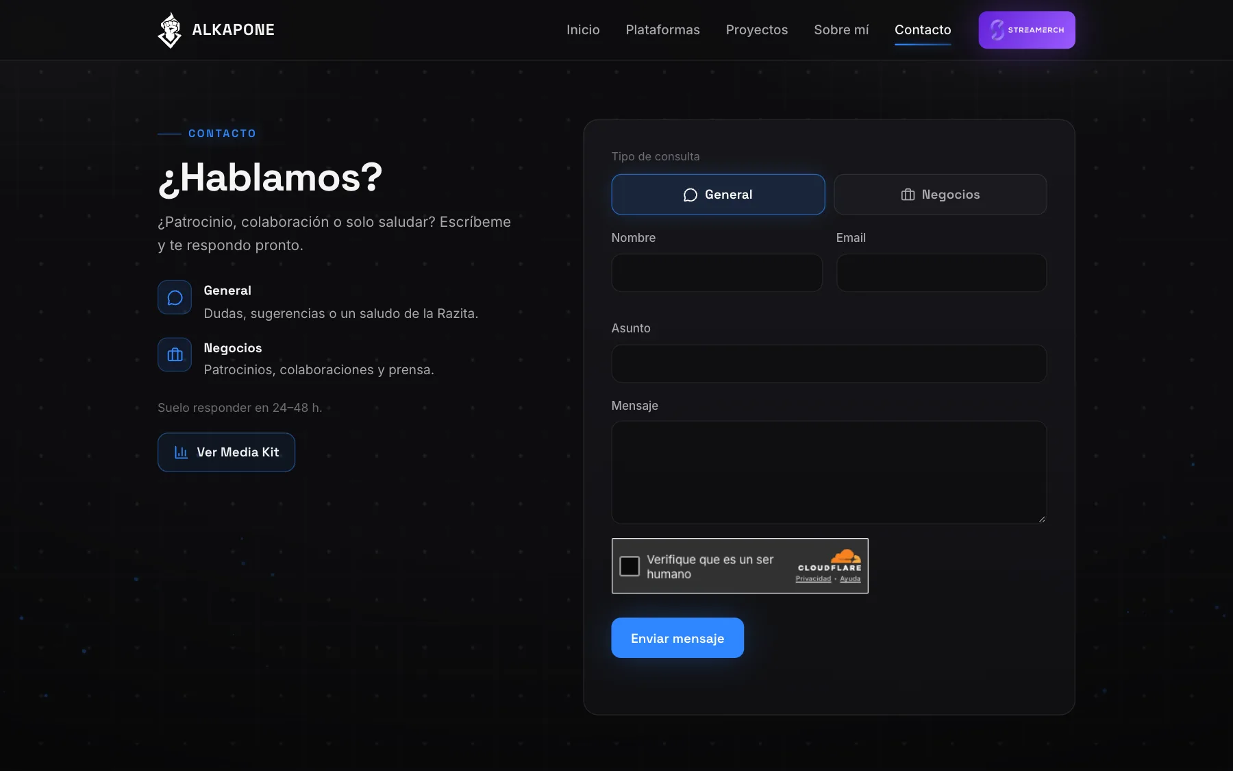 Contacto con dos tipos de consulta, general o negocios, y protección contra spam.