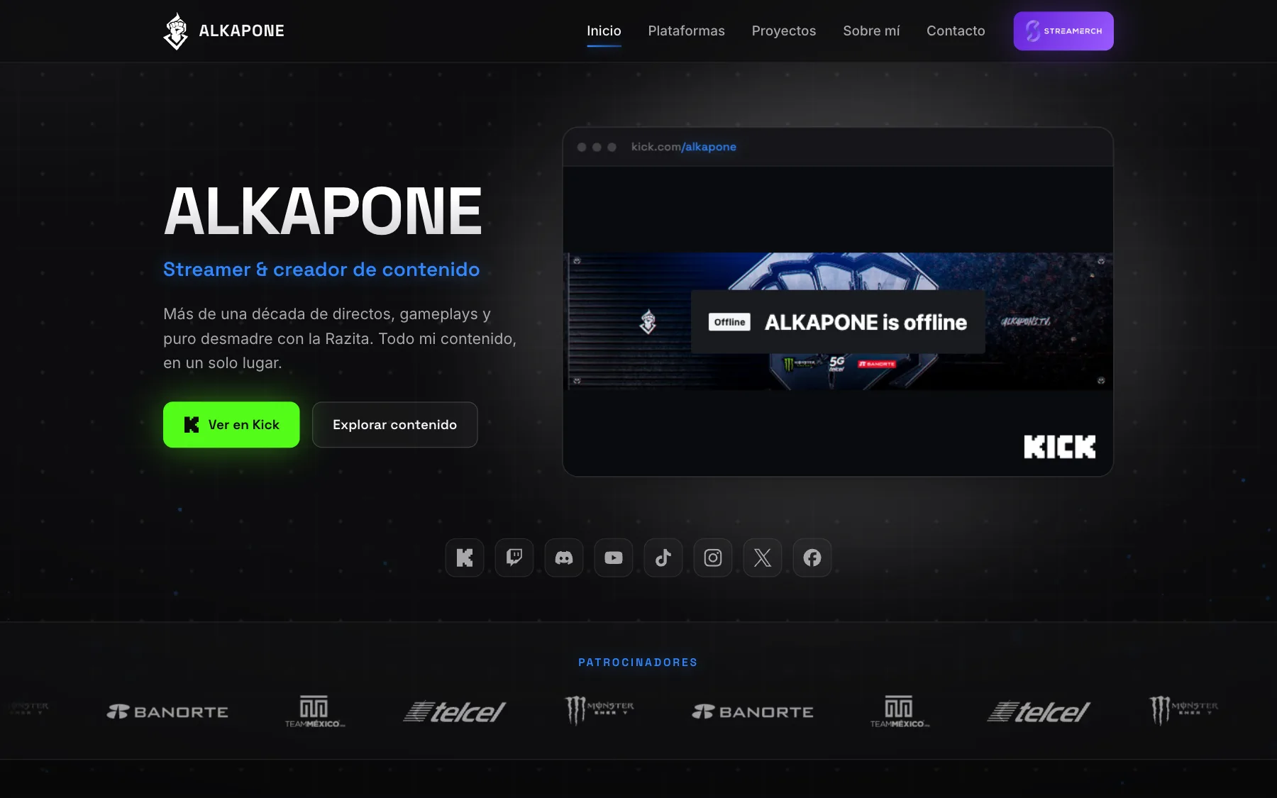 Inicio: el directo de Kick en la portada, con sus redes y patrocinadores a la vista.